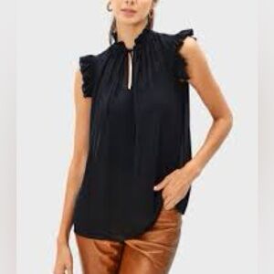 PINCH Black Sheer Ruffle Sleeve Blouse High Neck Tie Top L